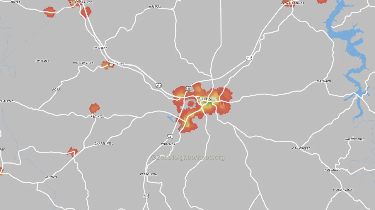 Walk Grade map of Allen County, KY, walkable areas in green and car-dependent areas in red