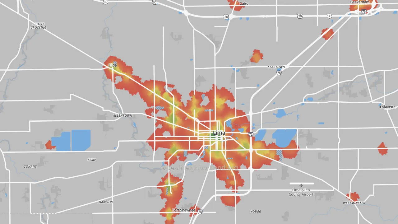 Walk Grade map of Allen County, OH, walkable areas in green and car-dependent areas in red