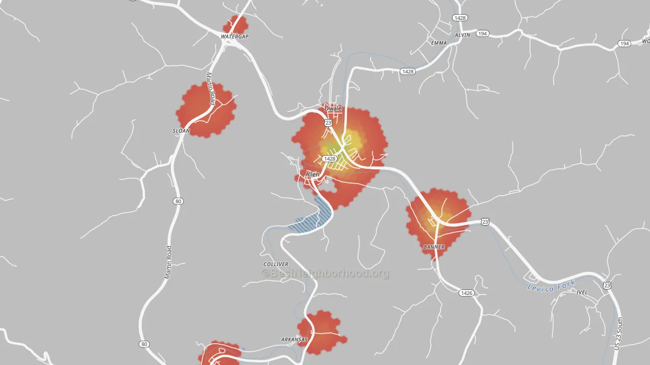 Walk Grade map of Allen, KY, walkable areas in green and car-dependent areas in red