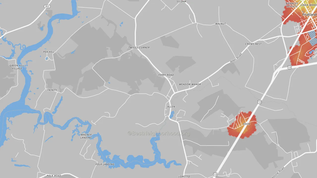 Walk Grade map of Allen, MD, walkable areas in green and car-dependent areas in red