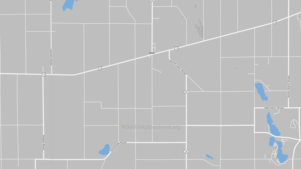 Walk Grade map of Allen, MI, walkable areas in green and car-dependent areas in red