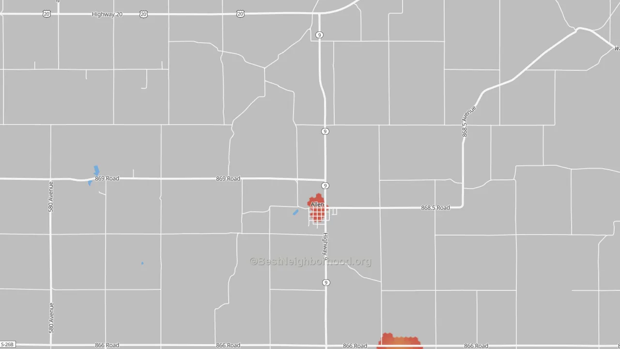 Walk Grade map of Allen, NE, walkable areas in green and car-dependent areas in red