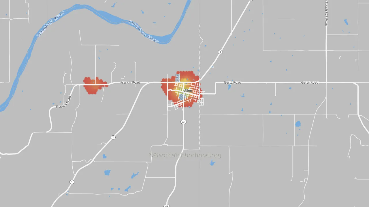 Walk Grade map of Allen, OK, walkable areas in green and car-dependent areas in red