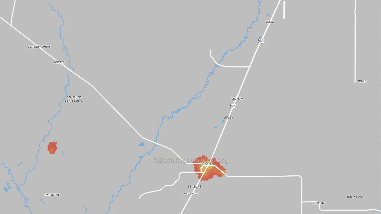 Walk Grade map of Allen Parish, LA, walkable areas in green and car-dependent areas in red