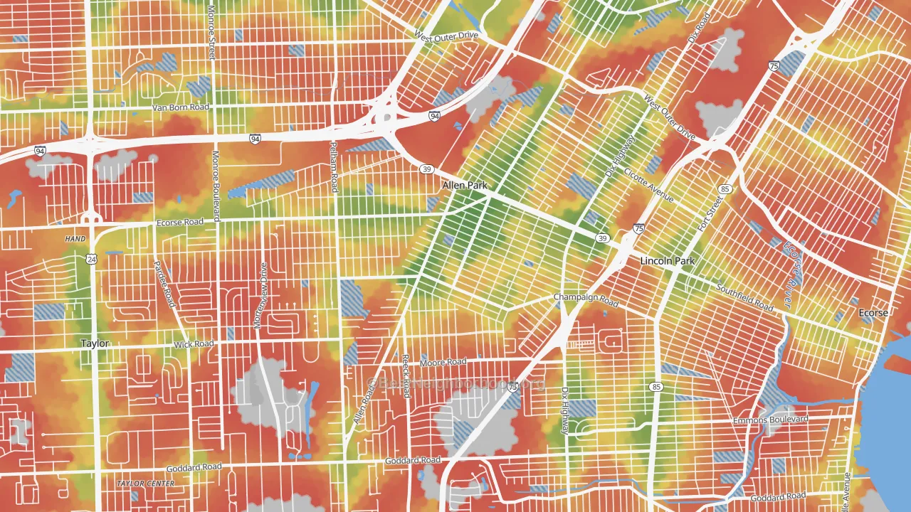 Walk Grade map of Allen Park, MI, walkable areas in green and car-dependent areas in red