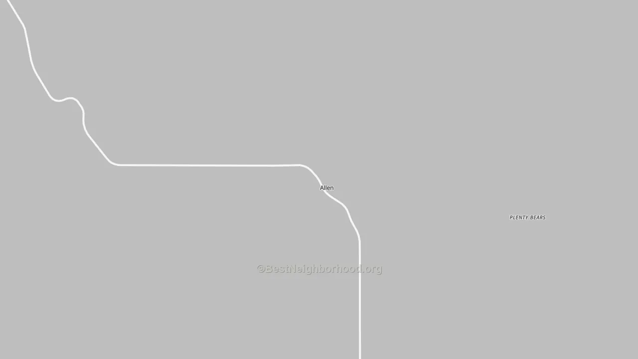 Walk Grade map of Allen, SD, walkable areas in green and car-dependent areas in red