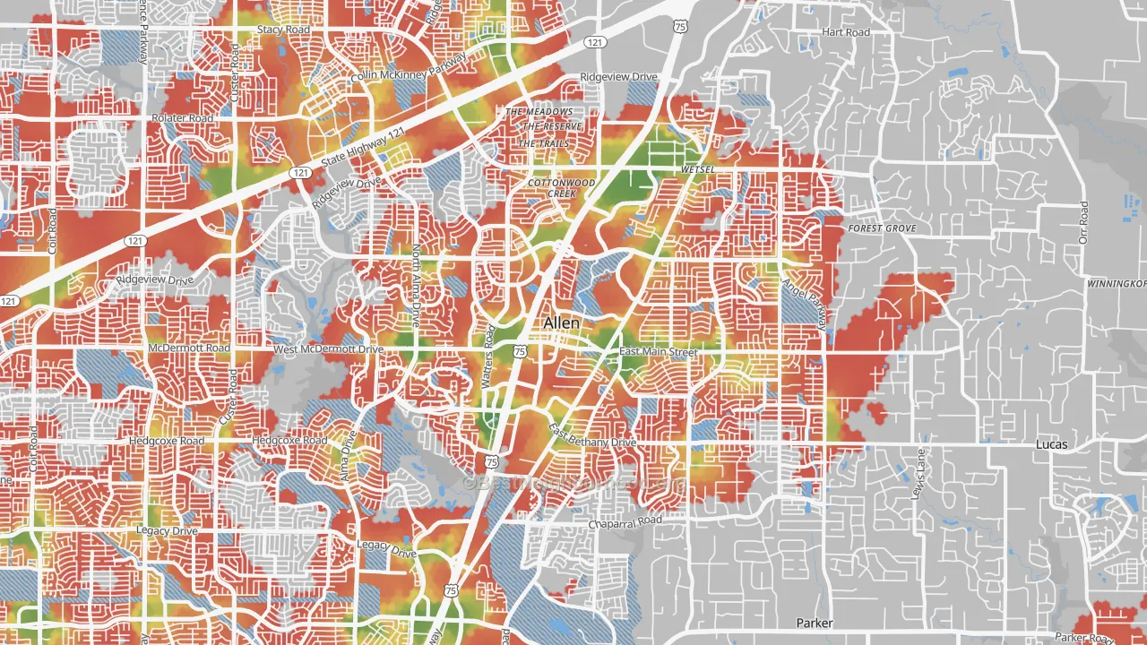 Walk Grade map of Allen, TX, walkable areas in green and car-dependent areas in red