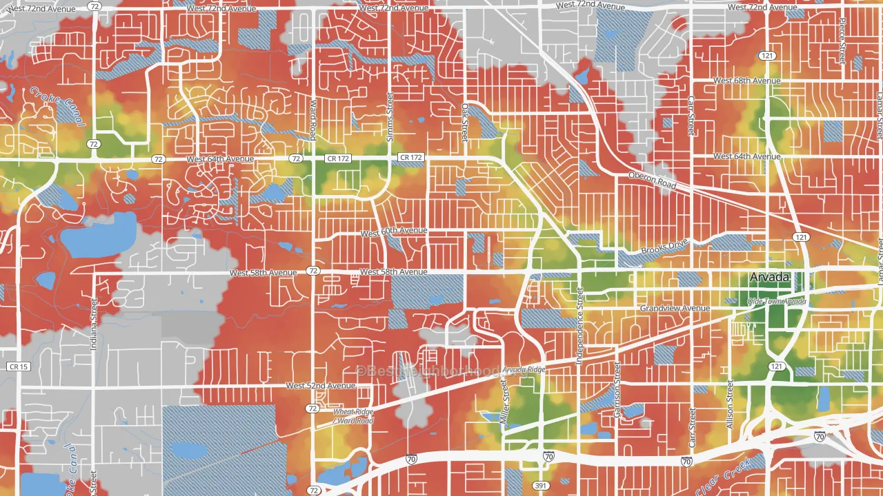 Walk Grade map of Allendale Area, Arvada, CO, walkable areas in green and car-dependent areas in red