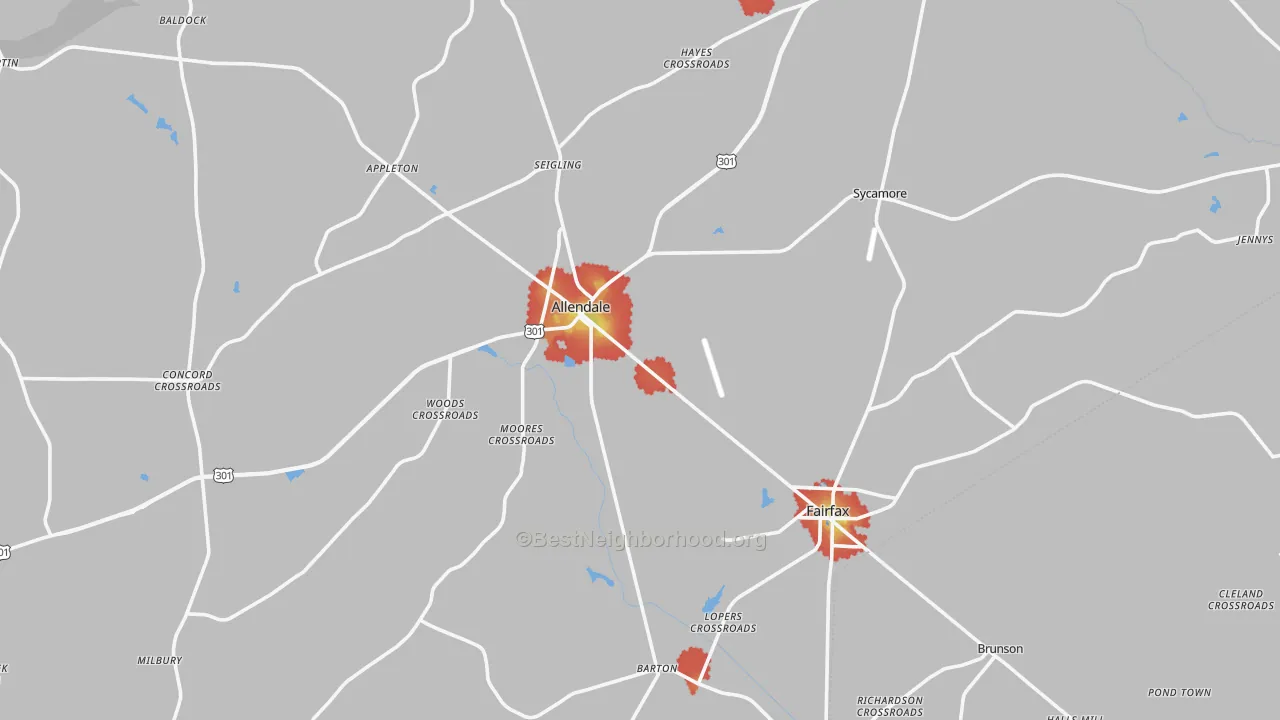 Walk Grade map of Allendale County, SC, walkable areas in green and car-dependent areas in red