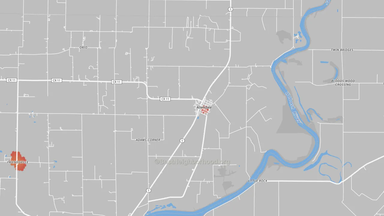 Walk Grade map of Allendale, IL, walkable areas in green and car-dependent areas in red