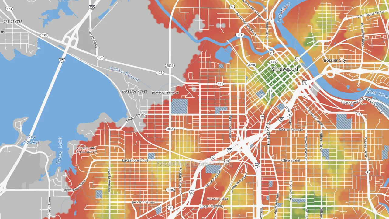 Walk Grade map of Allendale-Lakeside, Shreveport, LA, walkable areas in green and car-dependent areas in red