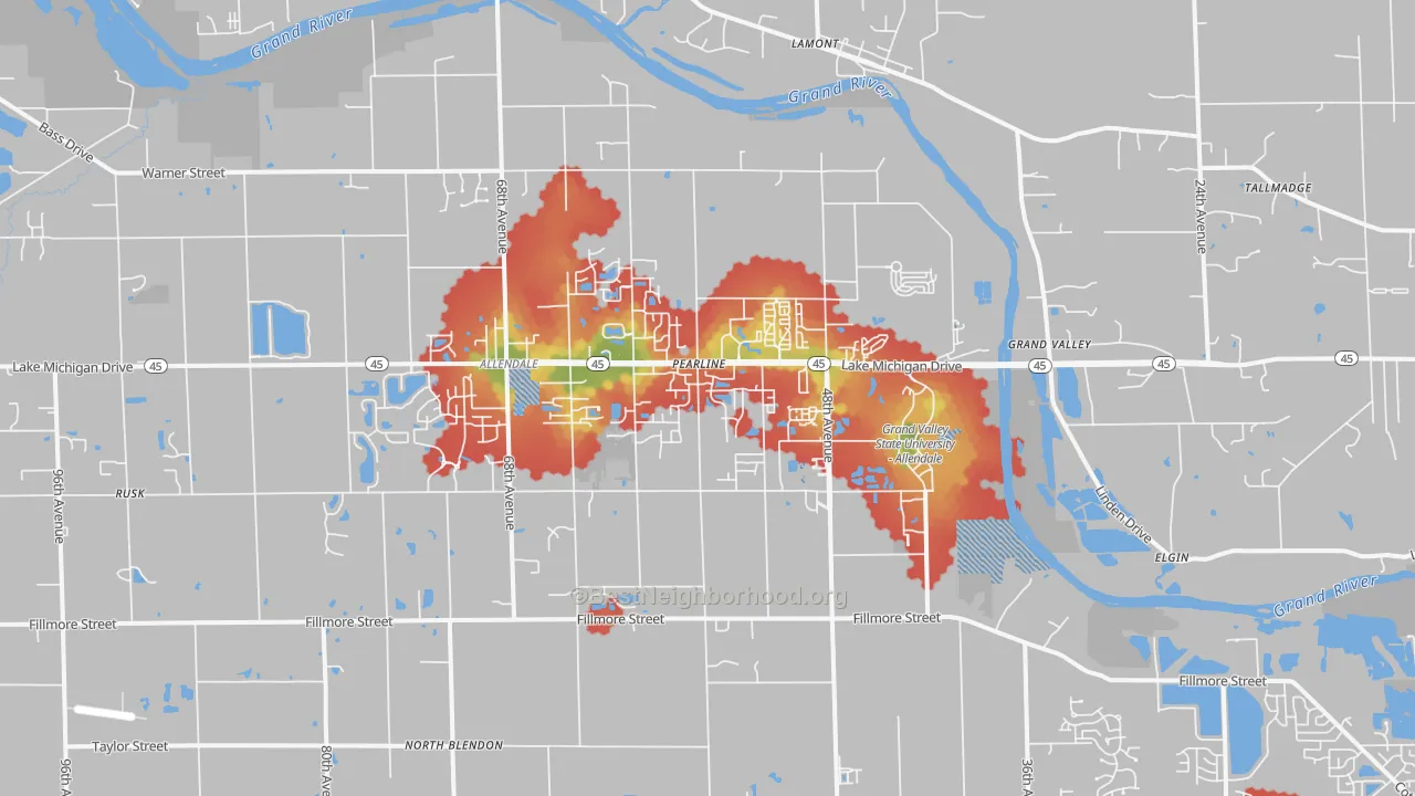 Walk Grade map of Allendale, MI, walkable areas in green and car-dependent areas in red