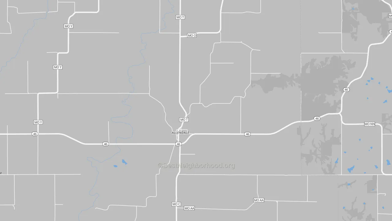 Walk Grade map of Allendale, MO, walkable areas in green and car-dependent areas in red
