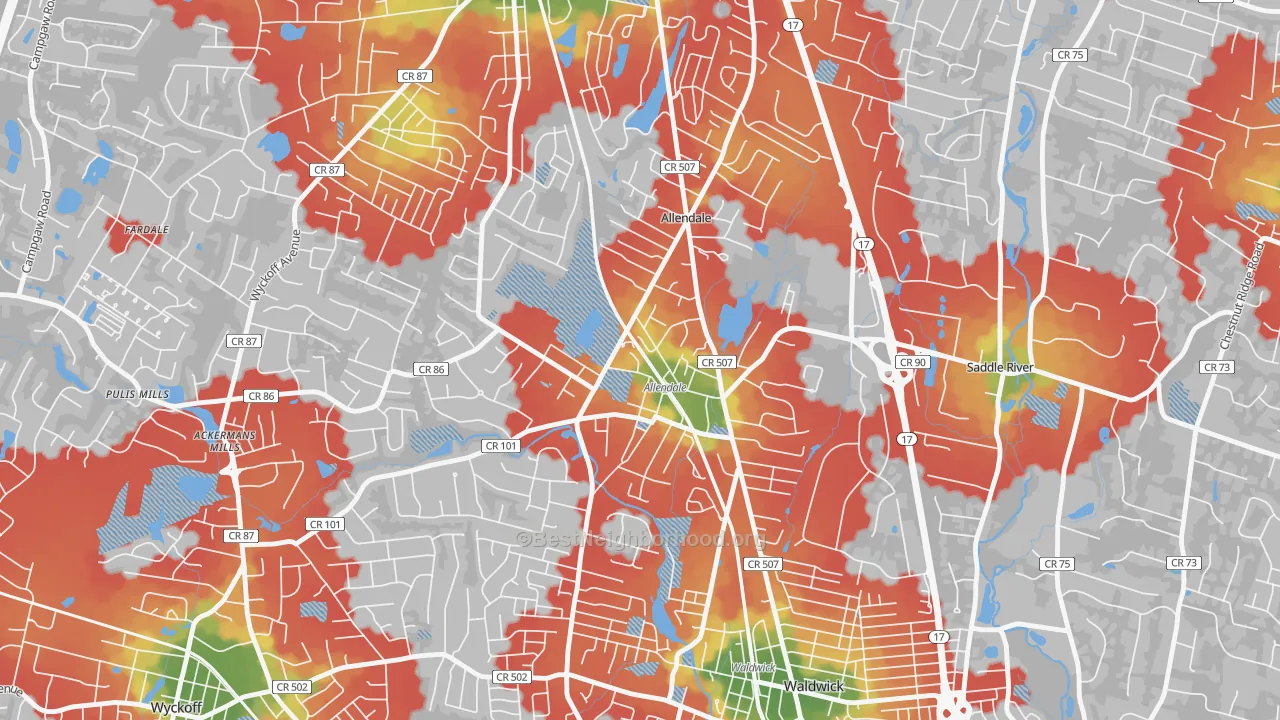 Walk Grade map of Allendale, NJ, walkable areas in green and car-dependent areas in red