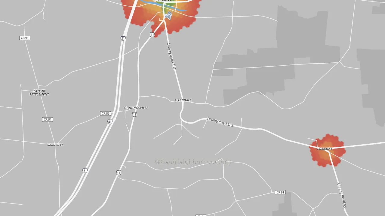 Walk Grade map of Allendale, NY, walkable areas in green and car-dependent areas in red