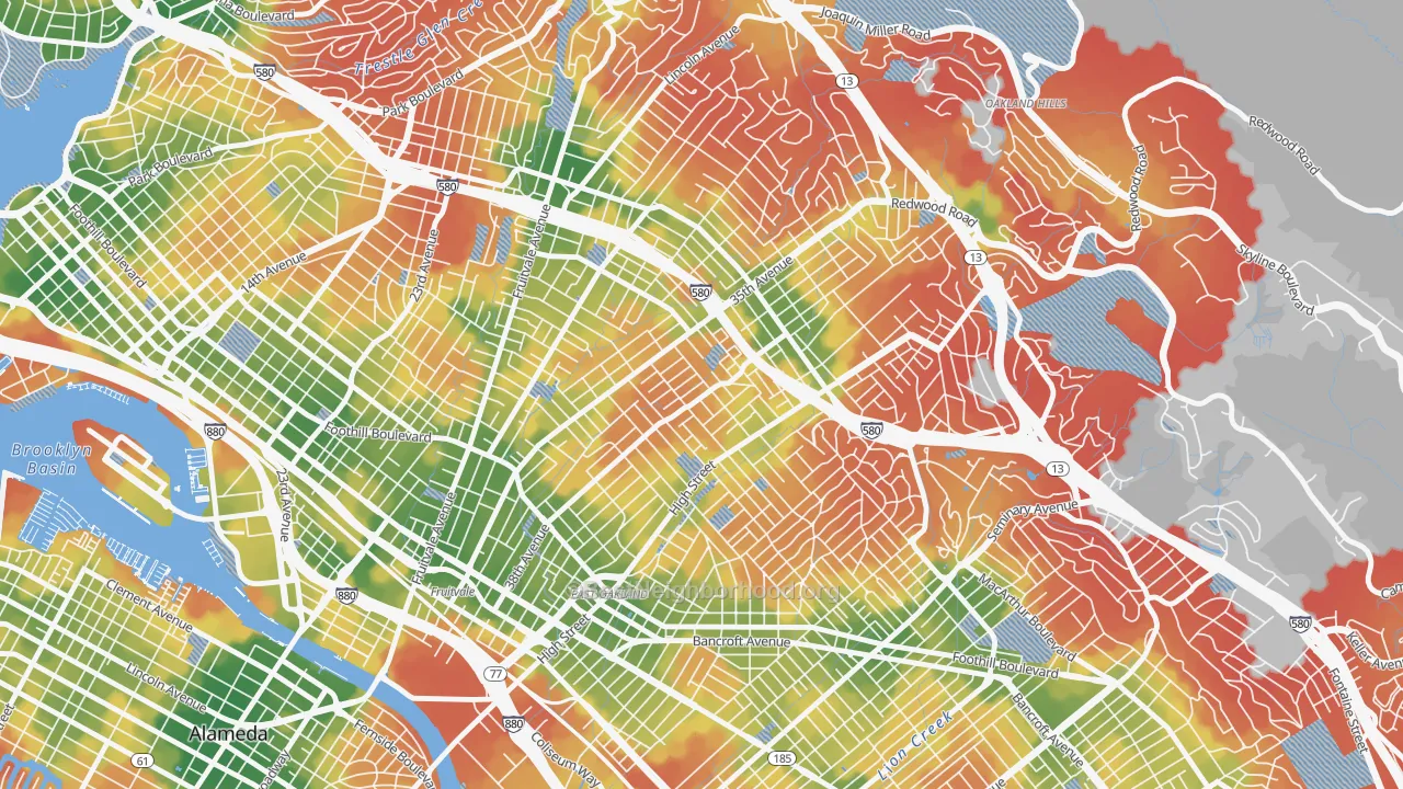 Walk Grade map of Allendale, Oakland, CA, walkable areas in green and car-dependent areas in red