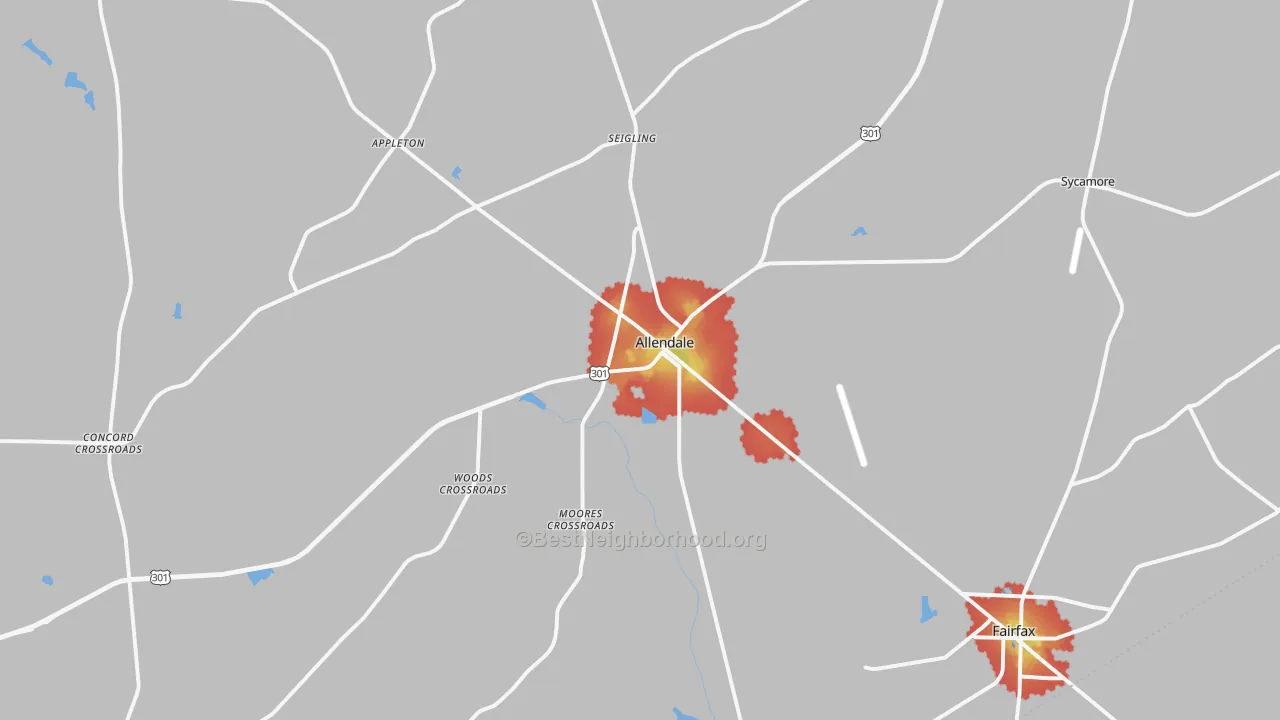 Walk Grade map of Allendale, SC, walkable areas in green and car-dependent areas in red