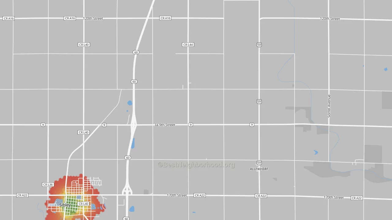 Walk Grade map of Allendorf, IA, walkable areas in green and car-dependent areas in red