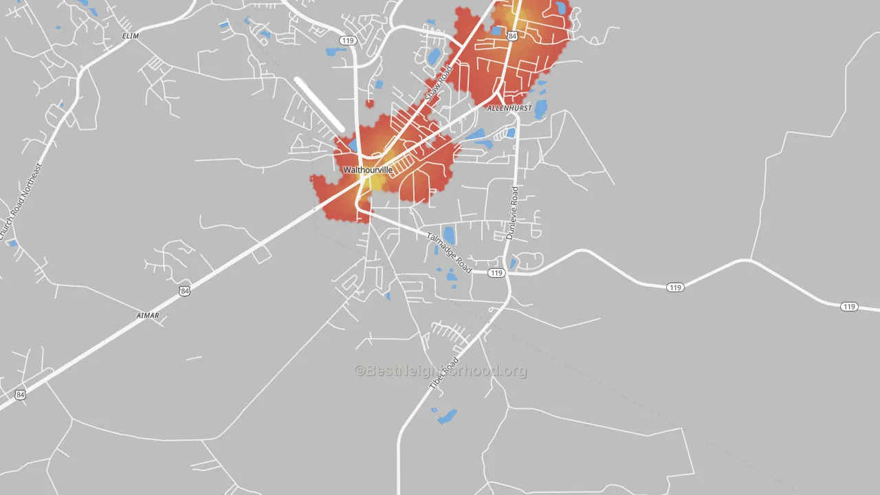 Walk Grade map of Allenhurst, GA, walkable areas in green and car-dependent areas in red