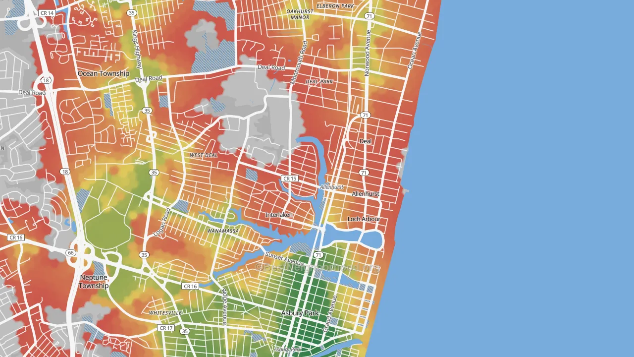 Walk Grade map of Allenhurst, NJ, walkable areas in green and car-dependent areas in red