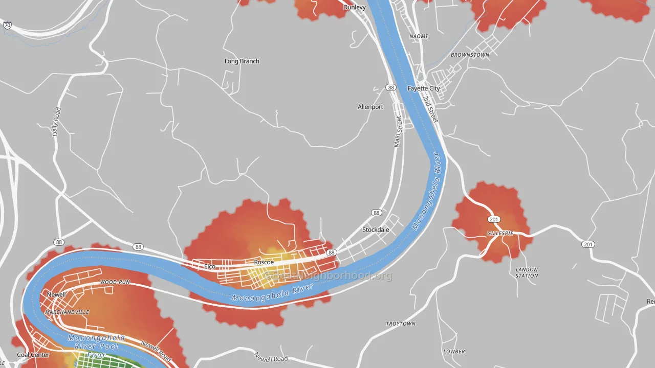 Walk Grade map of Allenport, PA, walkable areas in green and car-dependent areas in red