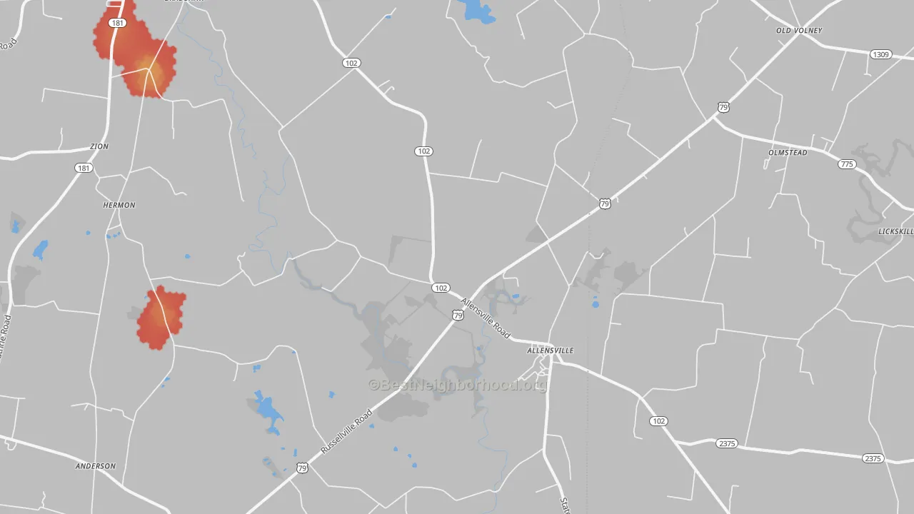 Walk Grade map of Allensville, KY, walkable areas in green and car-dependent areas in red