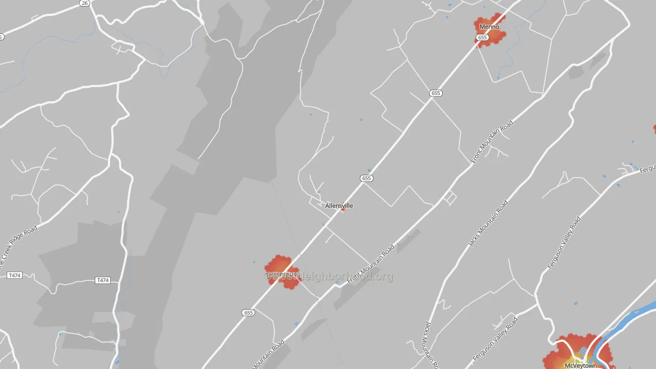 Walk Grade map of Allensville, PA, walkable areas in green and car-dependent areas in red