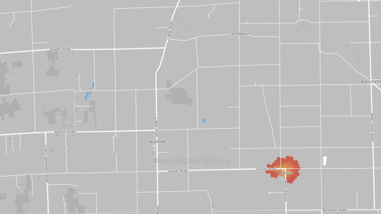 Walk Grade map of Allenton, MI, walkable areas in green and car-dependent areas in red