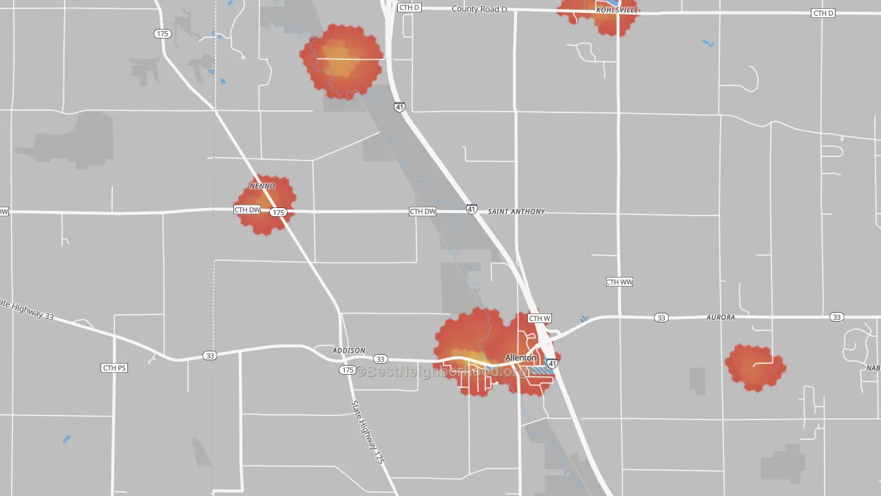 Walk Grade map of Allenton, WI, walkable areas in green and car-dependent areas in red