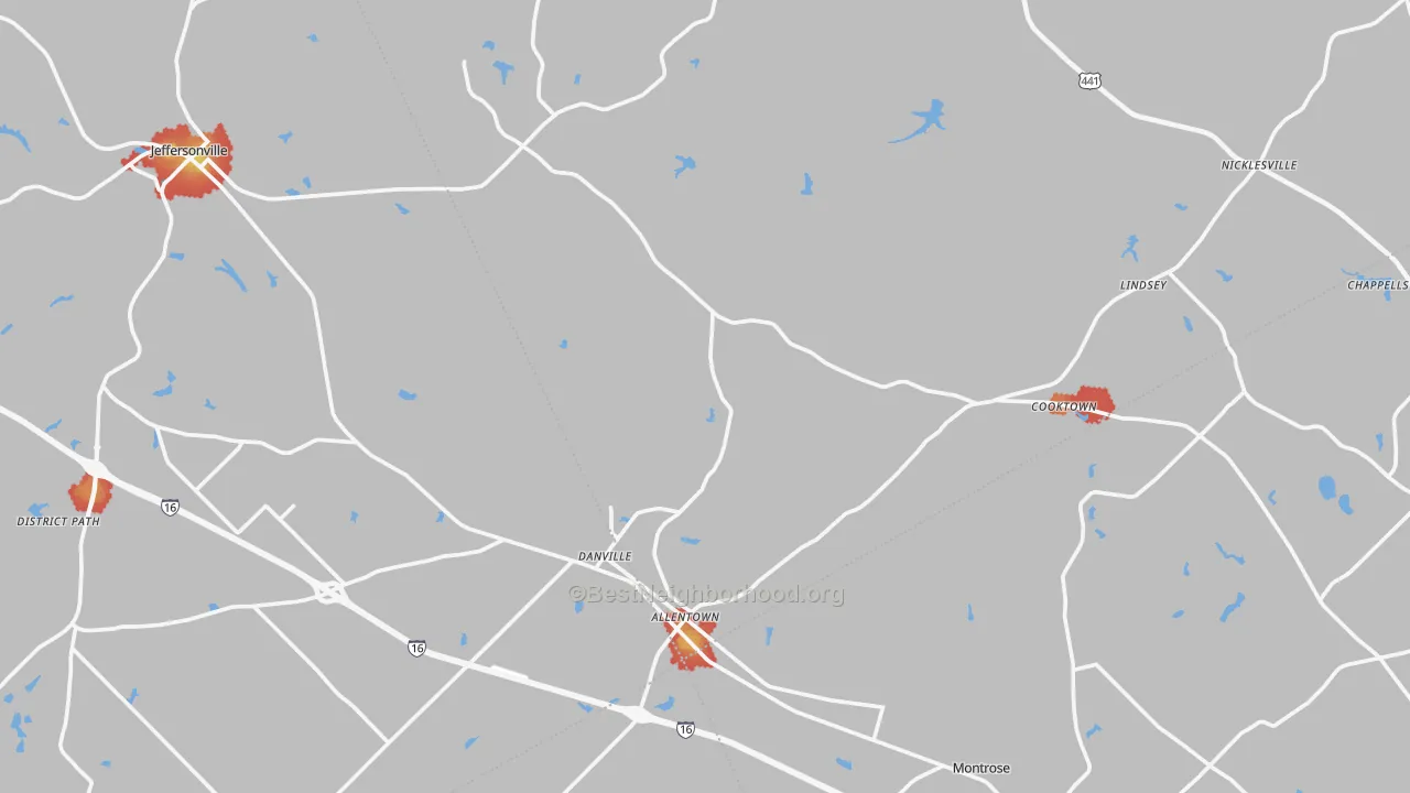 Walk Grade map of Allentown, GA, walkable areas in green and car-dependent areas in red