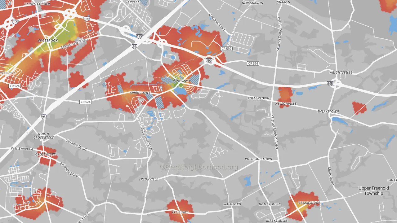 Walk Grade map of Allentown, NJ, walkable areas in green and car-dependent areas in red
