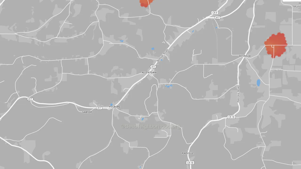 Walk Grade map of Allentown, NY, walkable areas in green and car-dependent areas in red