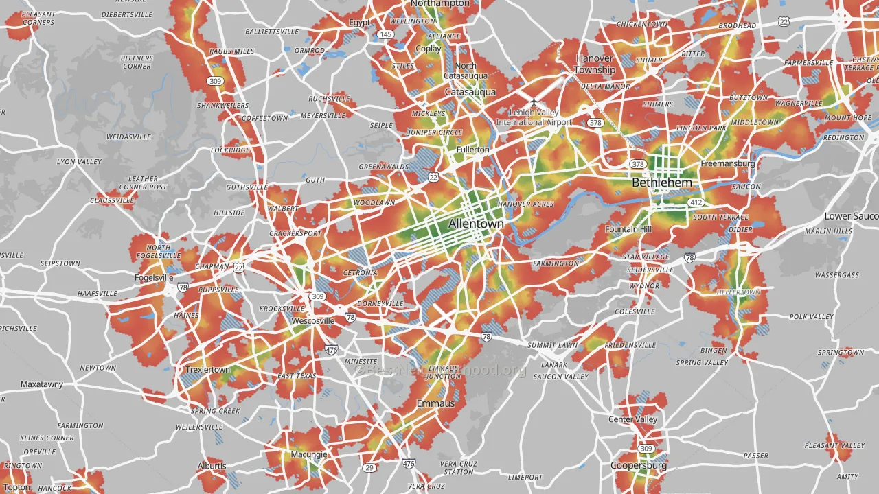 Walk Grade map of Allentown, PA, walkable areas in green and car-dependent areas in red
