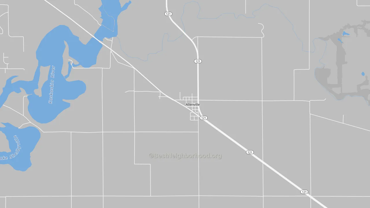 Walk Grade map of Allenville, IL, walkable areas in green and car-dependent areas in red