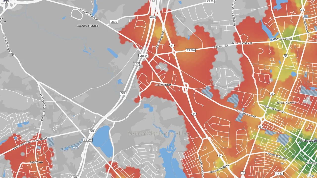 Walk Grade map of Allenwood, NJ, walkable areas in green and car-dependent areas in red
