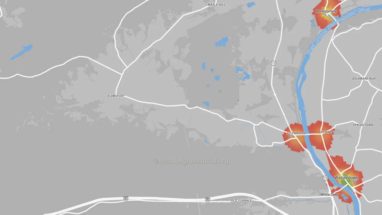 Walk Grade map of Allenwood, PA, walkable areas in green and car-dependent areas in red