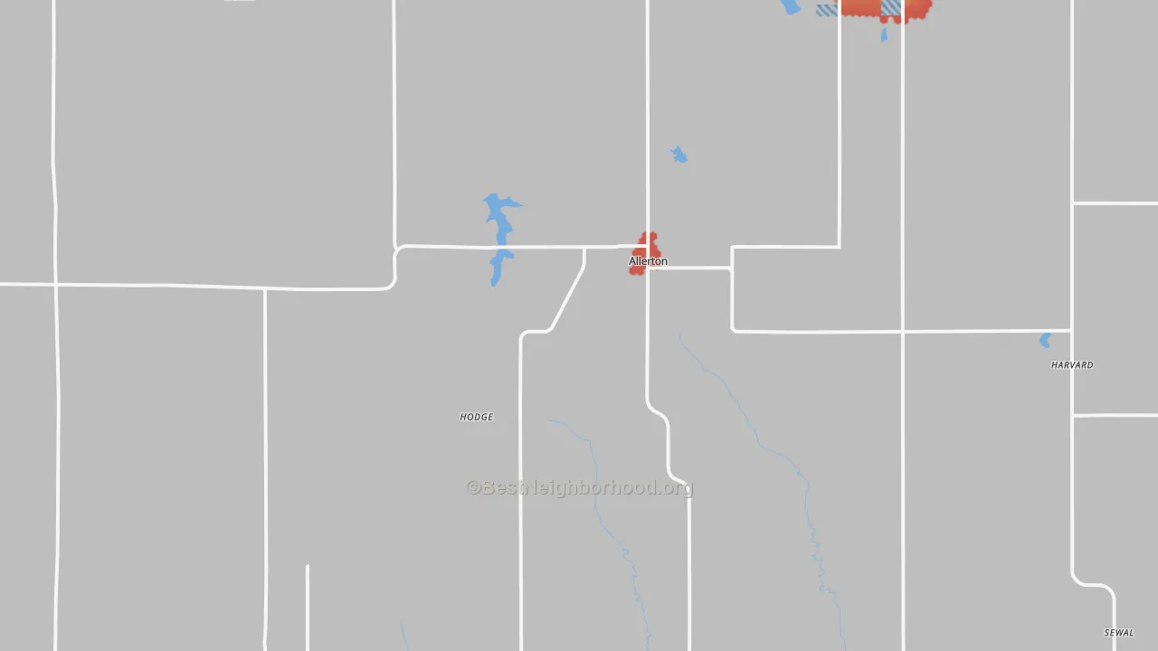 Walk Grade map of Allerton, IA, walkable areas in green and car-dependent areas in red