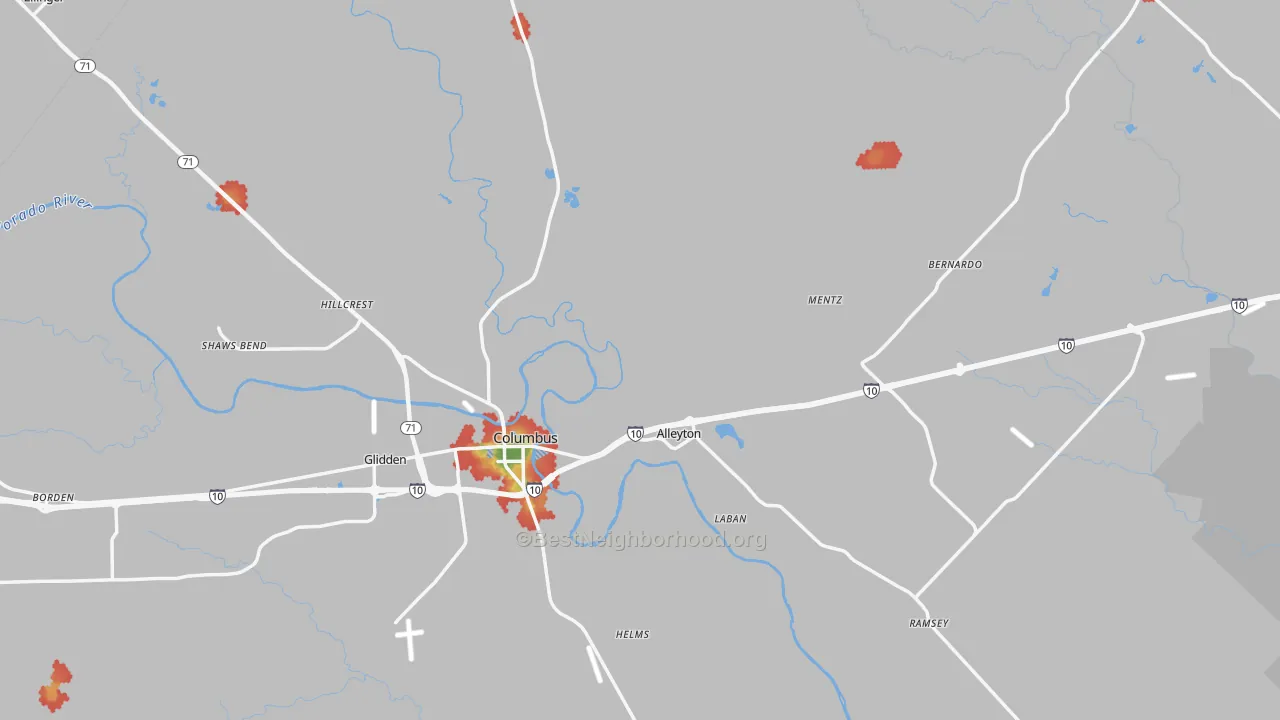 Walk Grade map of Alleyton, TX, walkable areas in green and car-dependent areas in red