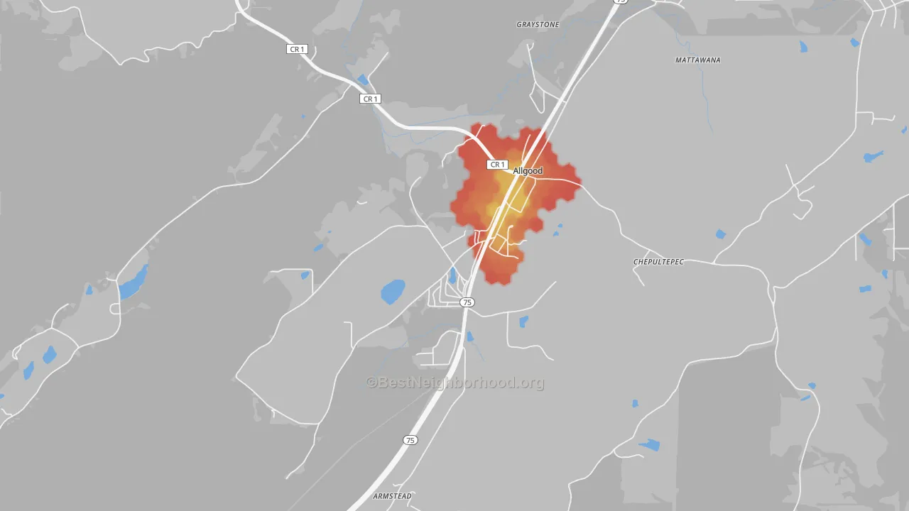Walk Grade map of Allgood, AL, walkable areas in green and car-dependent areas in red