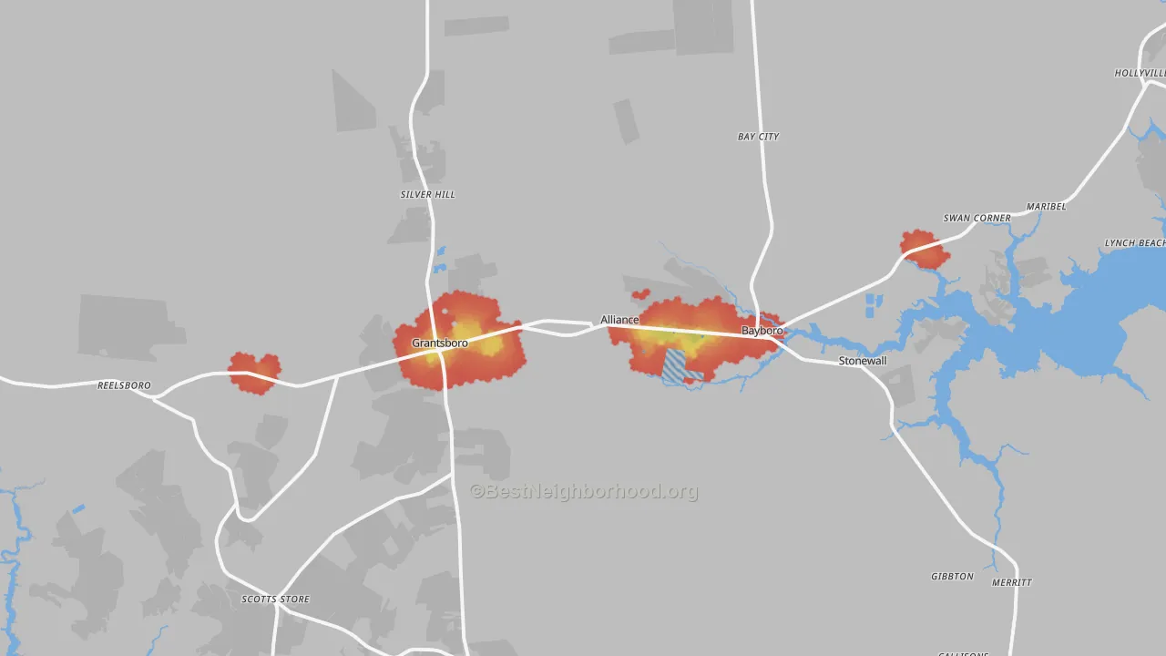 Walk Grade map of Alliance, NC, walkable areas in green and car-dependent areas in red