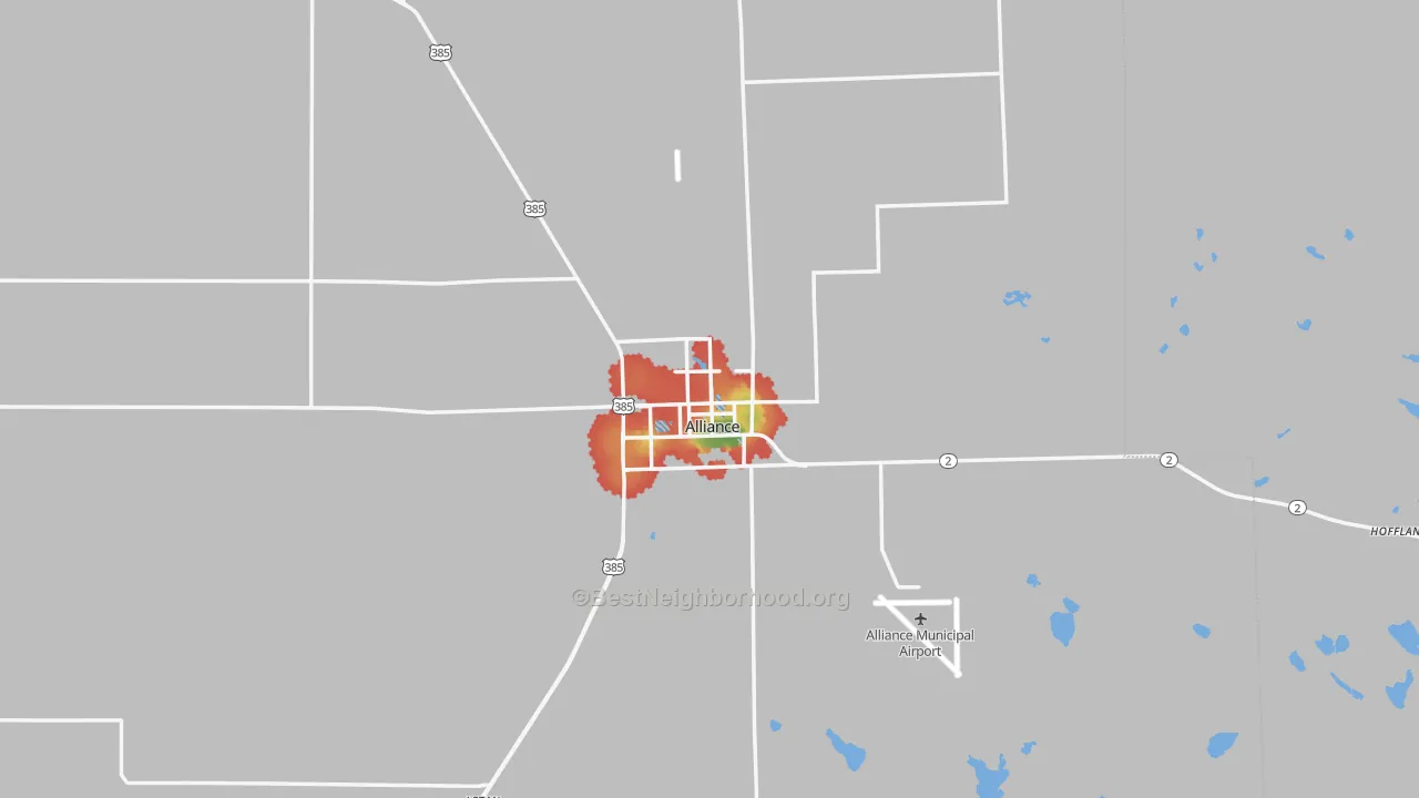 Walk Grade map of Alliance, NE, walkable areas in green and car-dependent areas in red