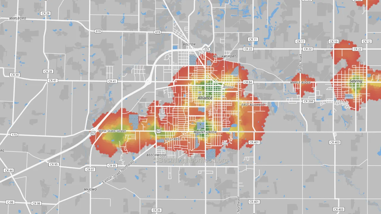 Walk Grade map of Alliance, OH, walkable areas in green and car-dependent areas in red