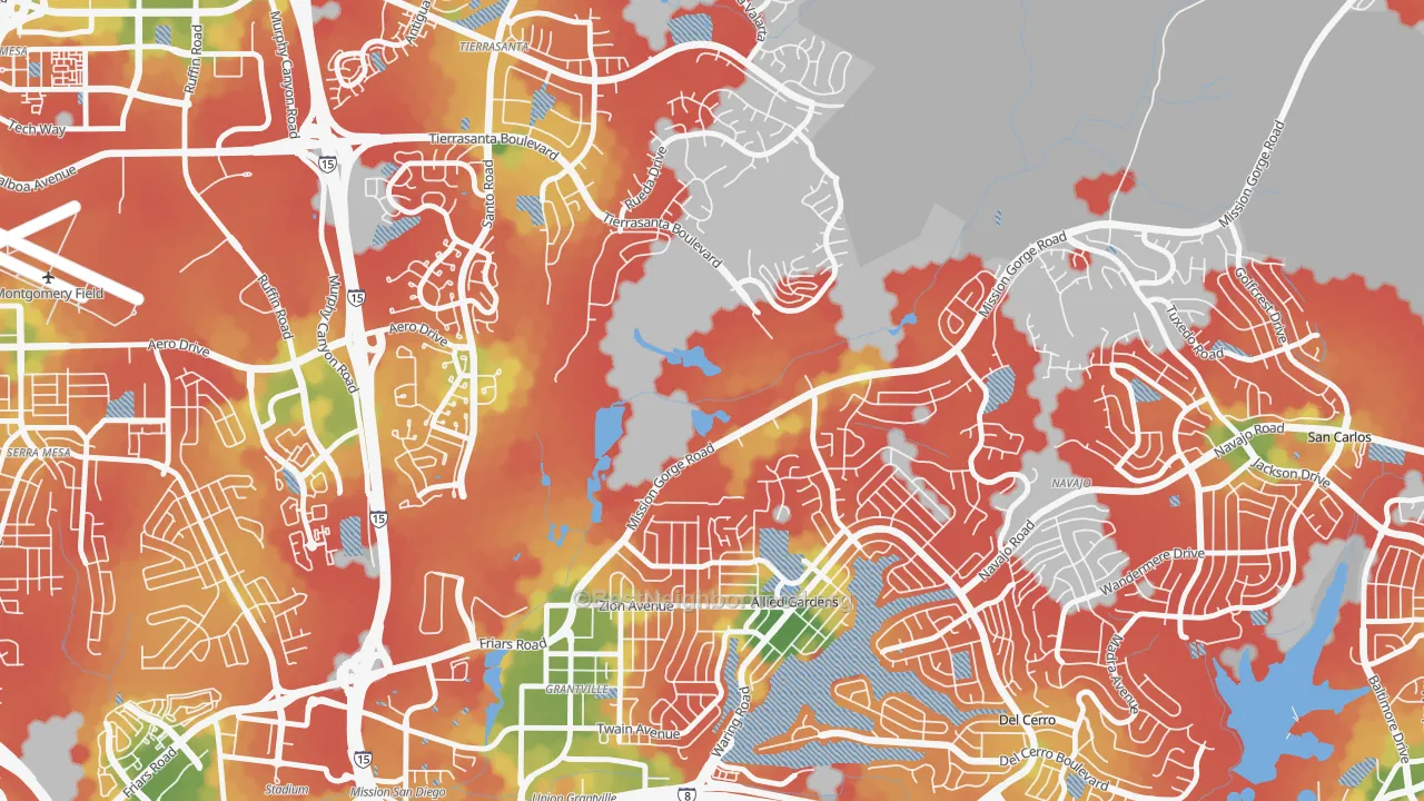 Walk Grade map of Allied Gardens, San Diego, CA, walkable areas in green and car-dependent areas in red
