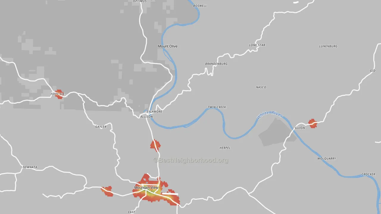 Walk Grade map of Allison, AR, walkable areas in green and car-dependent areas in red