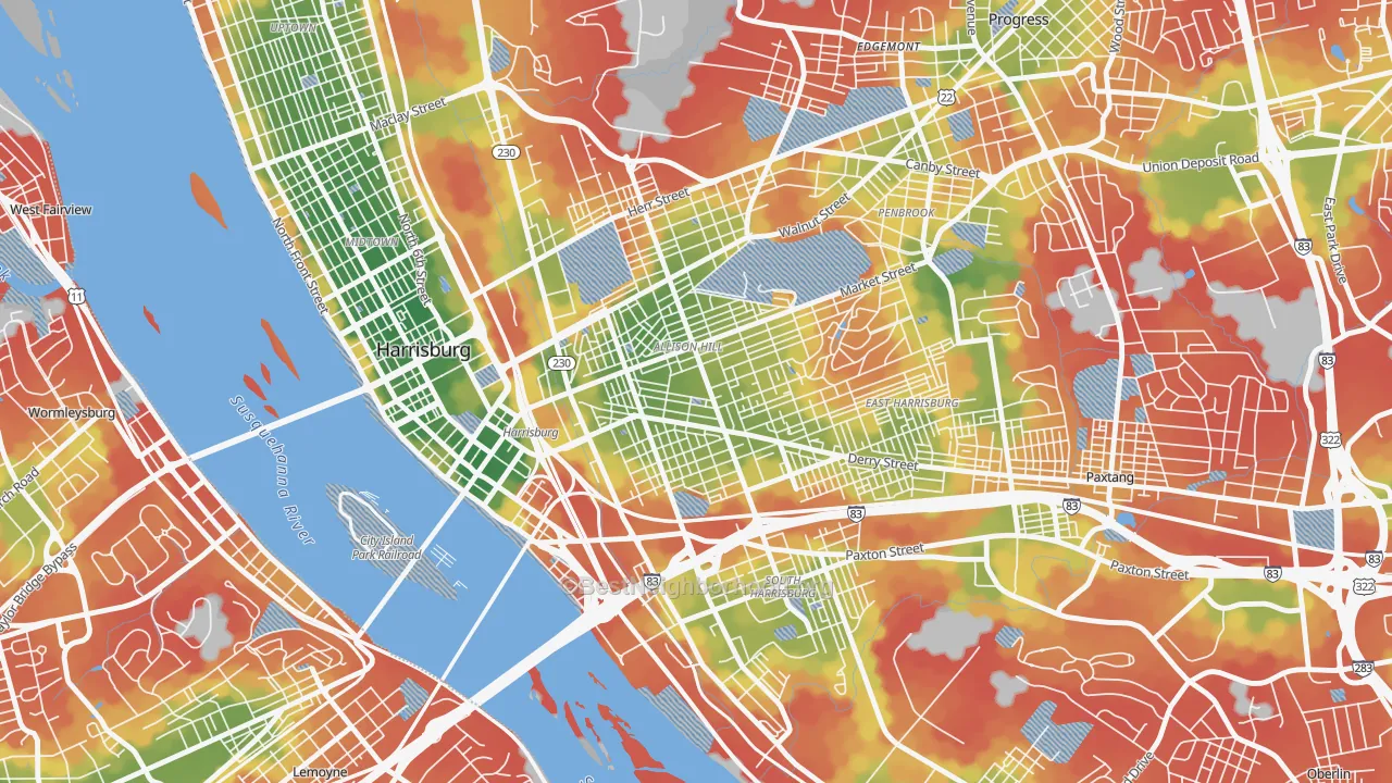 Walk Grade map of Allison Hill, Harrisburg, PA, walkable areas in green and car-dependent areas in red