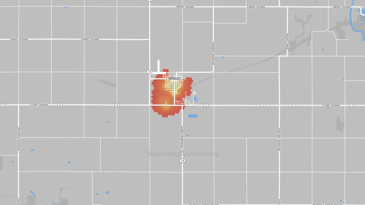 Walk Grade map of Allison, IA, walkable areas in green and car-dependent areas in red