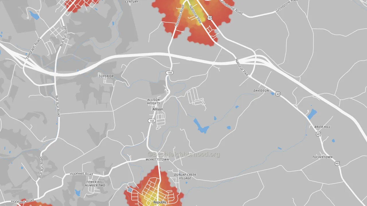 Walk Grade map of Allison, PA, walkable areas in green and car-dependent areas in red