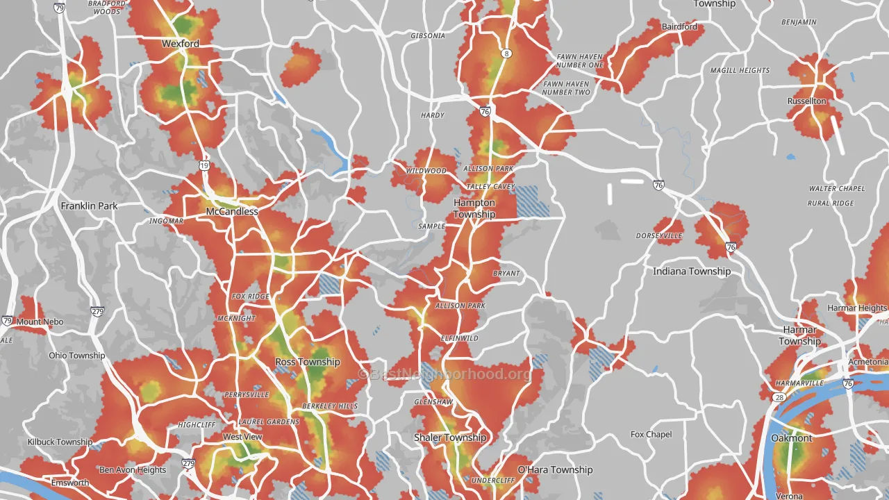 Walk Grade map of Allison Park, PA, walkable areas in green and car-dependent areas in red
