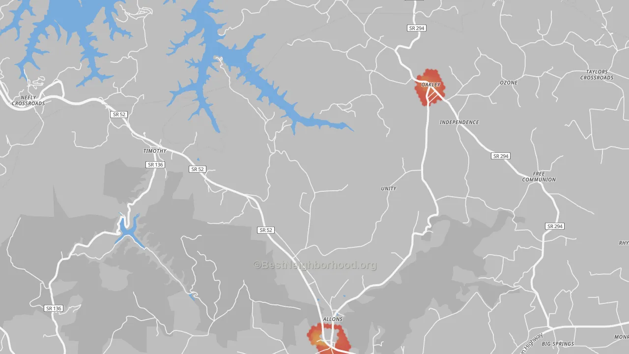 Walk Grade map of Allons, TN, walkable areas in green and car-dependent areas in red