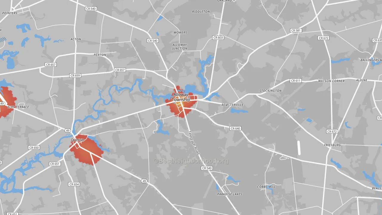 Walk Grade map of Alloway, NJ, walkable areas in green and car-dependent areas in red
